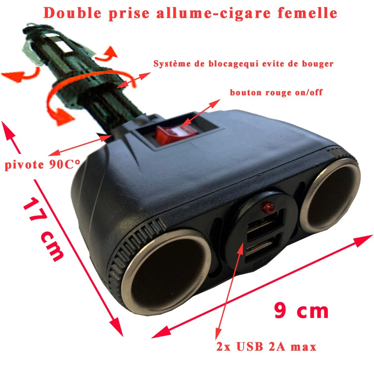 Double prise allume-cigare en T 12V et 24 V avec 2 ports USB - Accessoires Outdoor pour Plus de Liberté de Mouvement Prise 12V double allume-cigare / USB x2