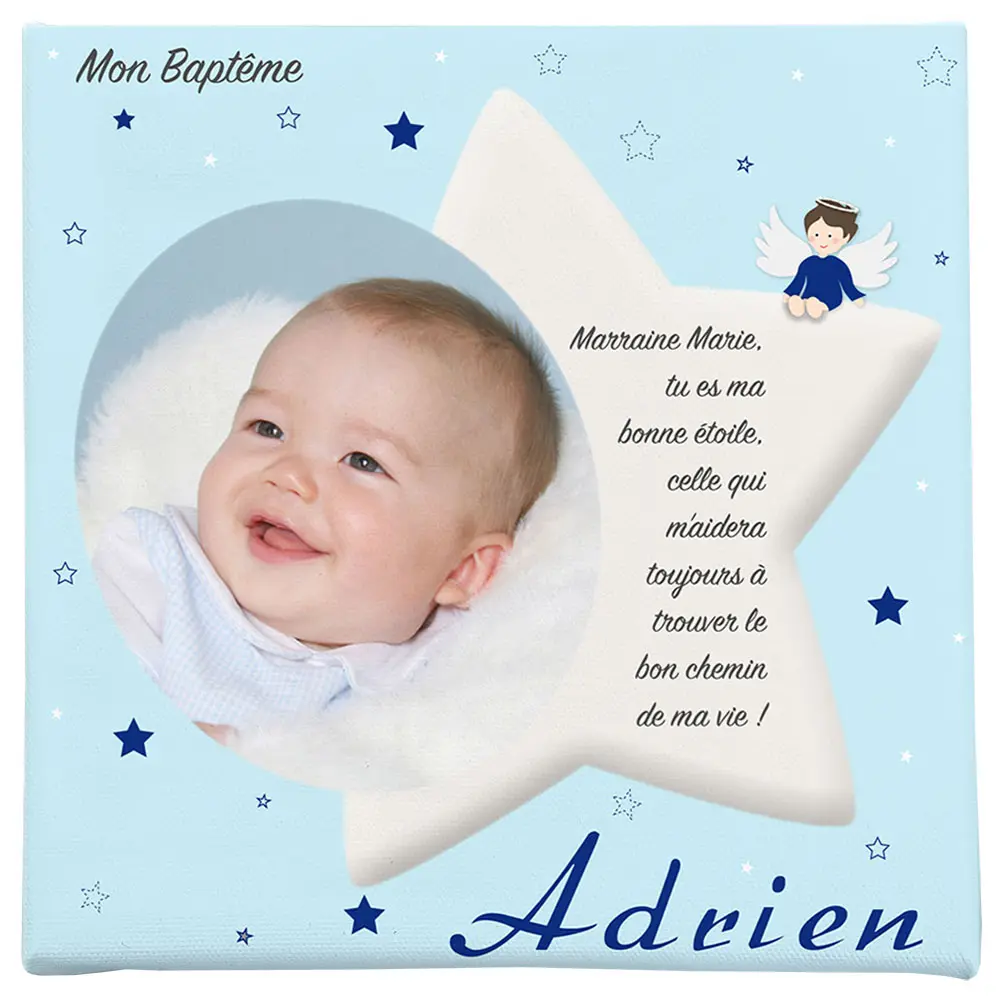 Toile photo baptême bleu ciel étoilée - Boutique Bébé en Ligne : Soins, Jouets et Articles Maison jaune