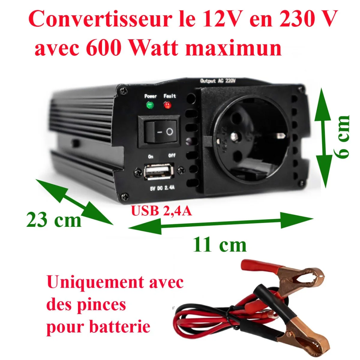 Convertisseur 12V en 220V avec une puissance 600W, avec câble et pince - Convertisseur Accessoires Outdoor pour Plus de Liberté de Mouvement