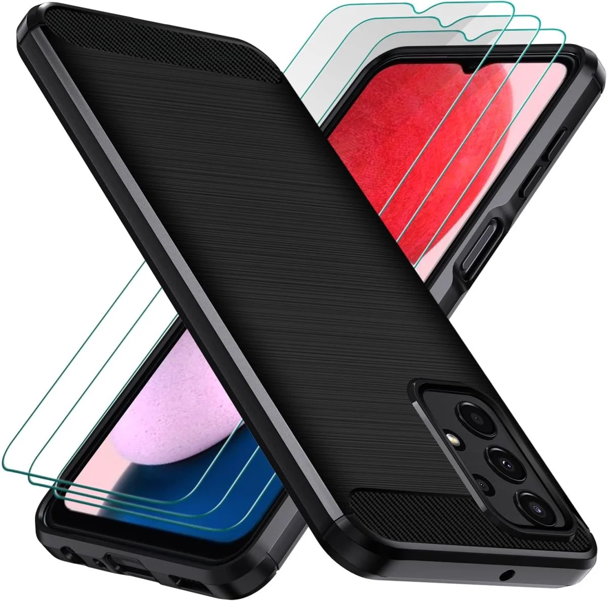 Coque en Silicone Antichoc pour Samsung Galaxy A13 4G – A13 5G – A04S avec 3 Pièces Protection Écran en Verre Trempé – Noir – Ivoler - Organisation de la maison avec des solutions de rangement Force Glass Protecteur d'écran en verre trempé dureté 9H avec garantie à