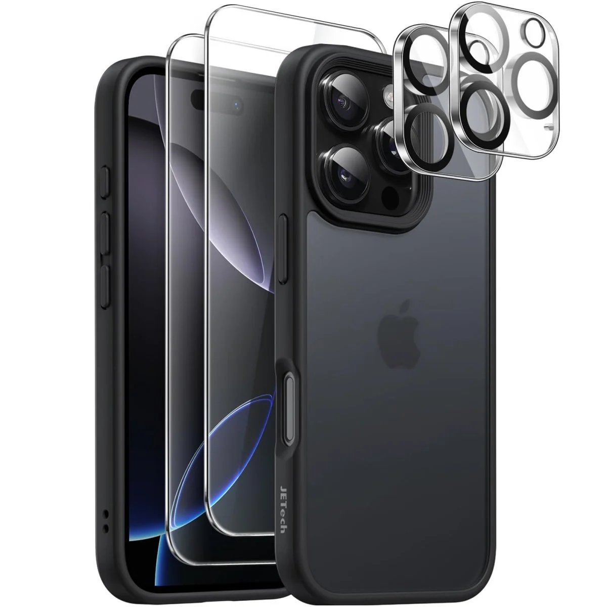 JETech Coque mate 5 en 1 pour iPhone 16 Pro Max 6,9 pouces avec 2 protection d’écran en verre trempé et 2 protecteurs d’objectif d’appareil photo, coque arrière translucide résistante aux chocs - Organisation de la maison avec des solutions de rangement FLLAO 4 en 1