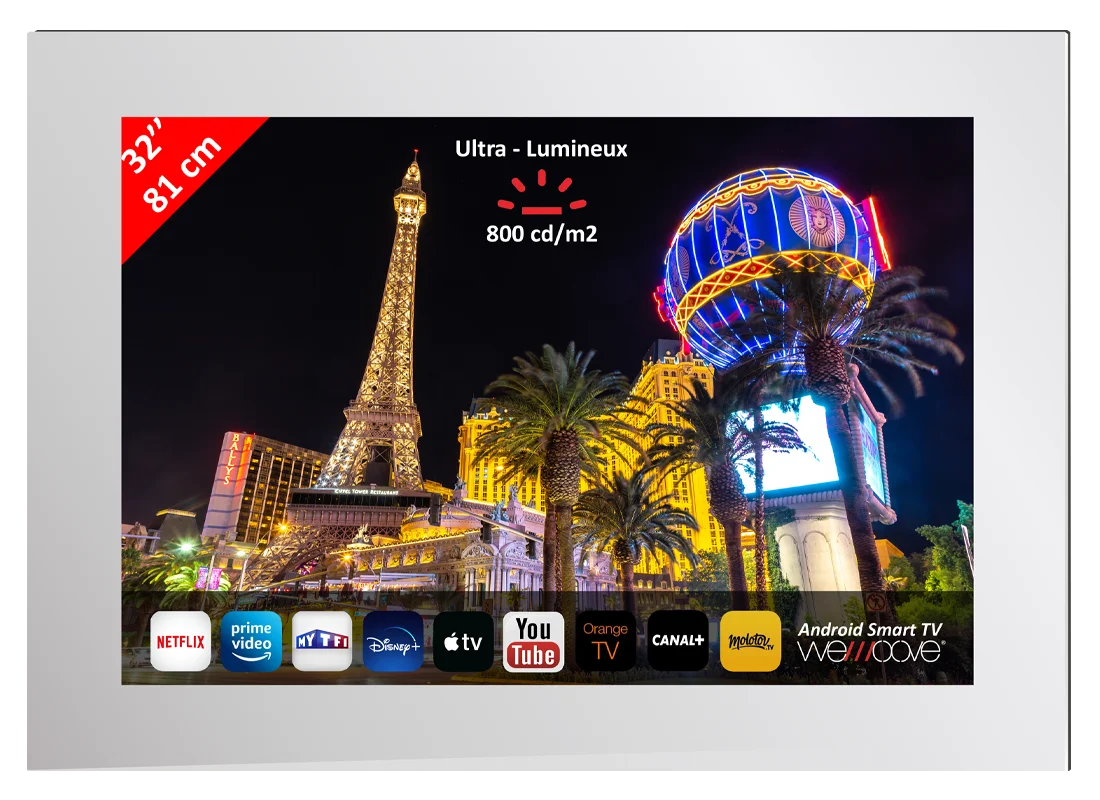 Smart Android TV miroir 81 cm (32″) RGB étanche triple tuner HEVC, haut-parleurs invisibles, écran Ultra-Lumineux, avec encastrement - Saldi Straordinari – Offerte Speciali Disponibili Adesso
